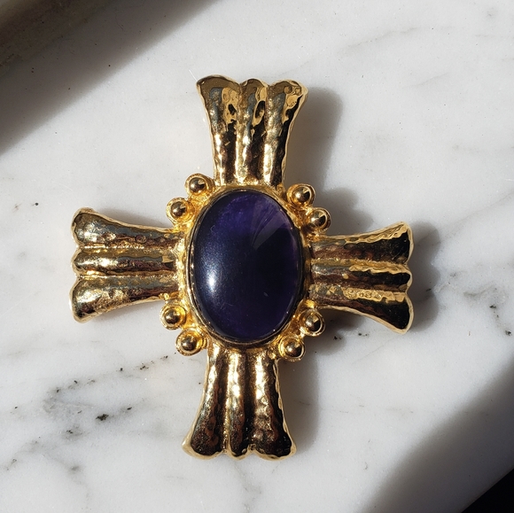 Givenchy Jewelry - Vintage Givenchy Pin Brooch Cross Gold tone with blue natural stone